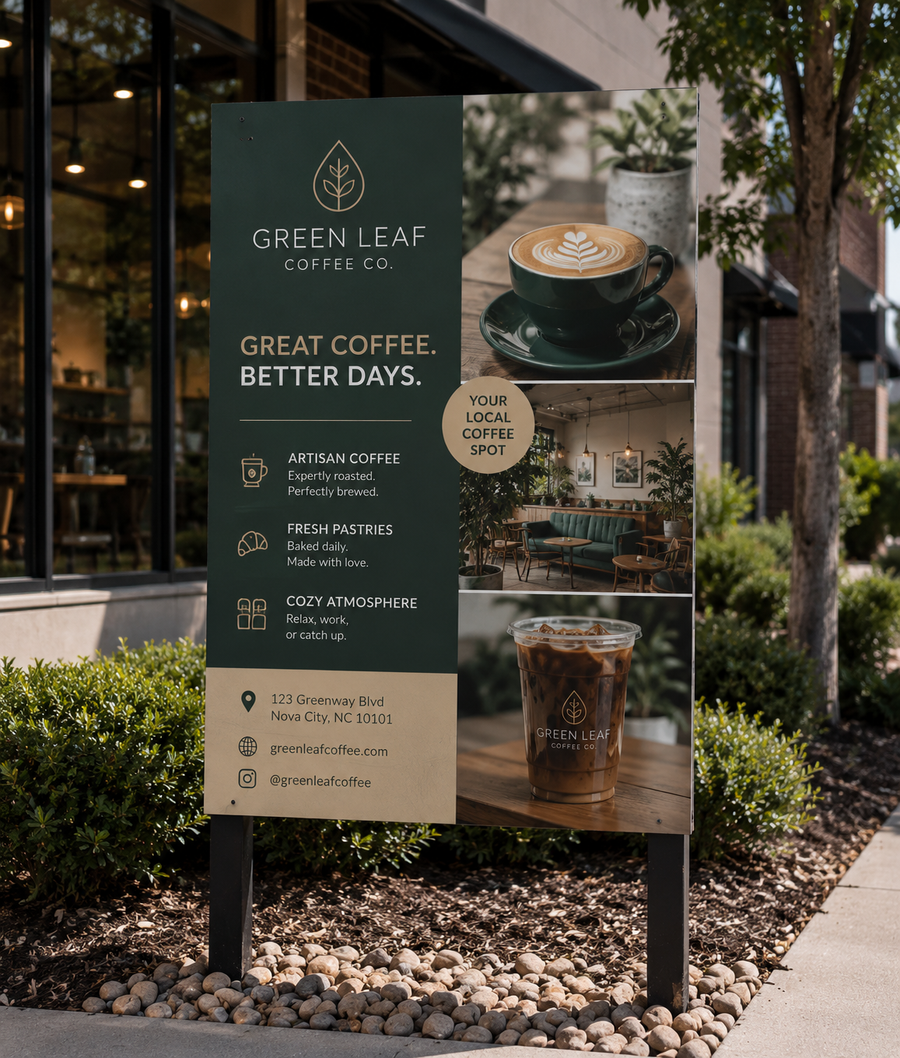 Aluminum composite storefront sign mounted on posts