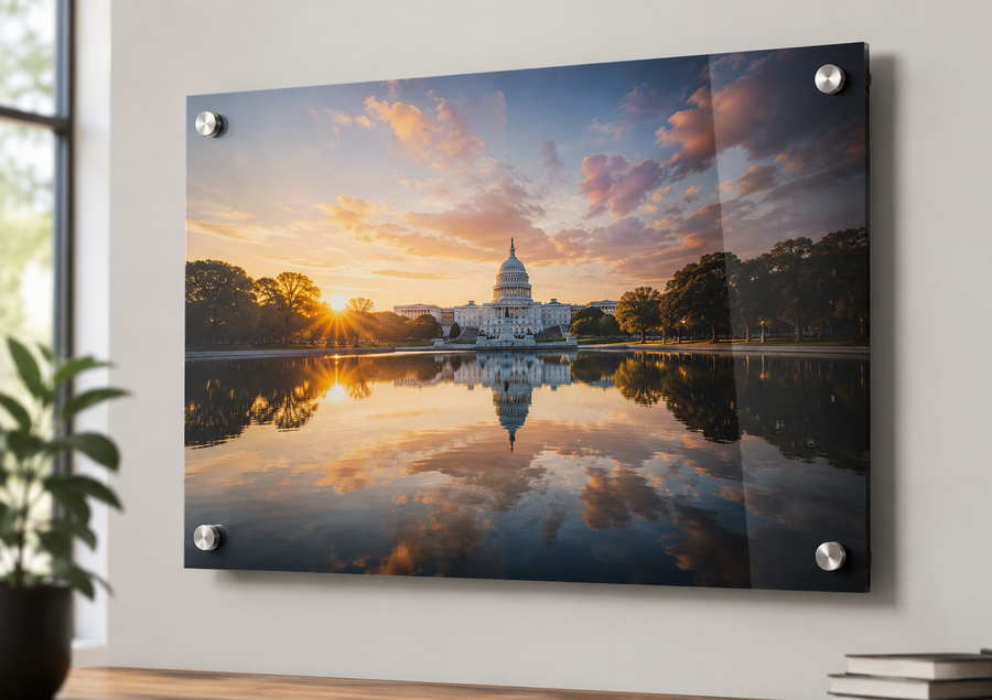 Acrylic photo panel with standoff mounts on an interior wall