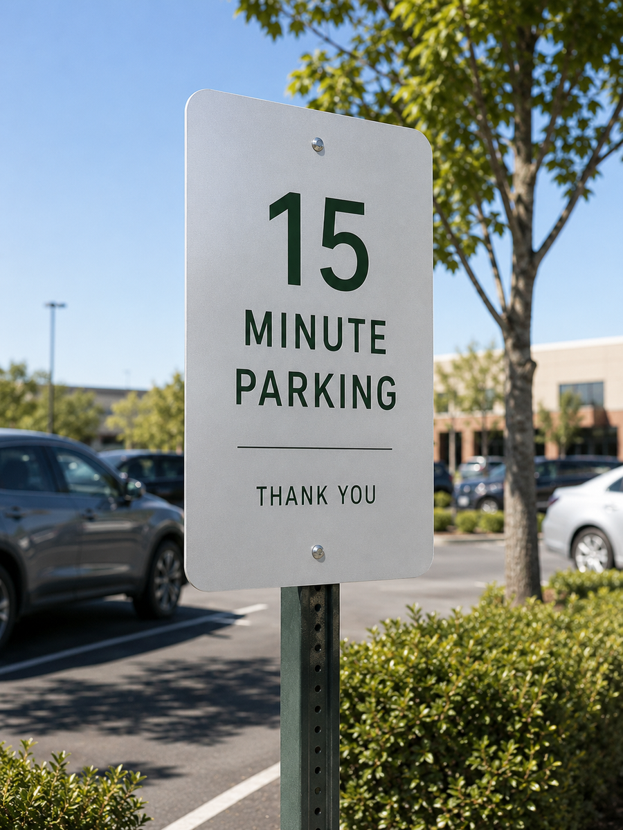Aluminum parking sign mounted on a post in a parking lot