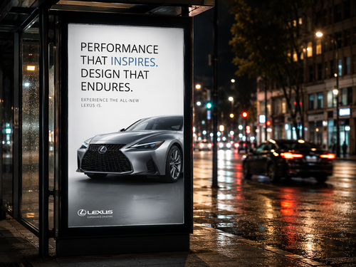 Backlit polycarbonate poster glowing in a bus shelter lightbox at night