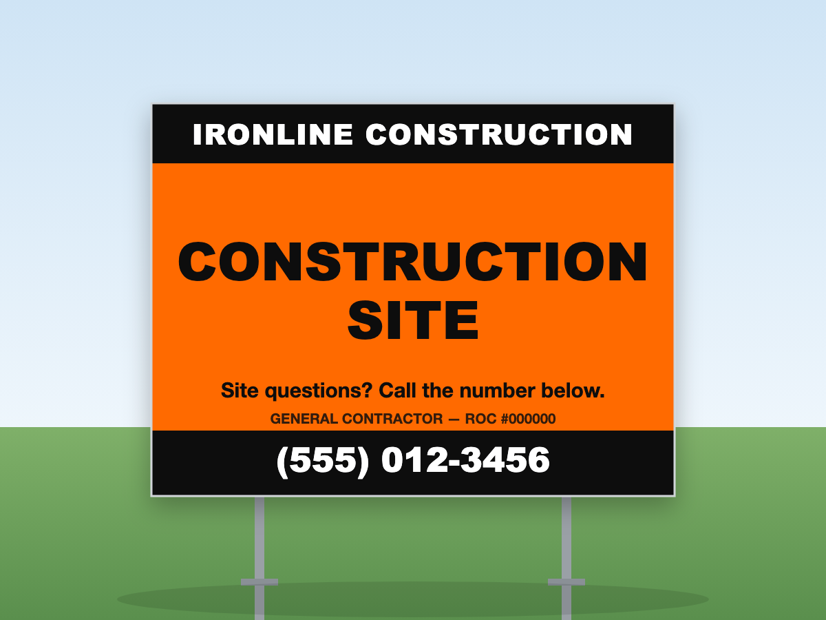 Construction yard sign with H-stake in grass — Construction Site ID design, 24x18 coroplast