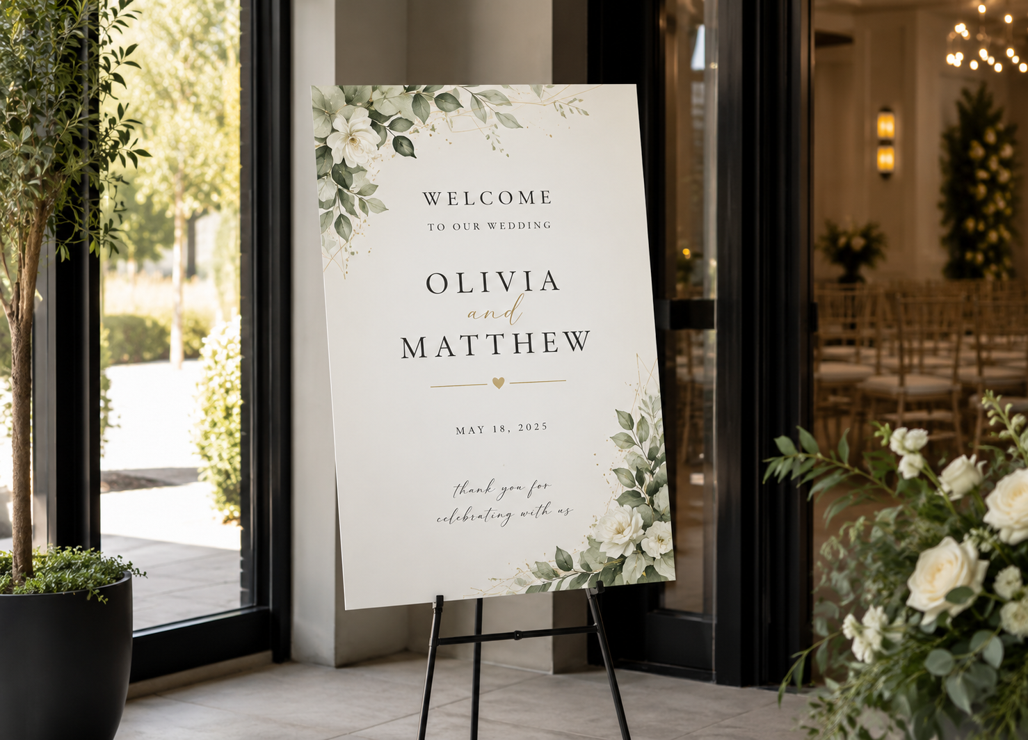 Foam board wedding welcome sign on an easel