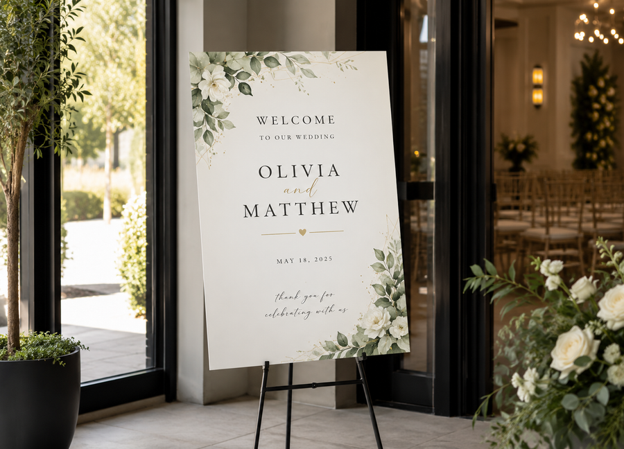 Foam board wedding welcome sign on an easel