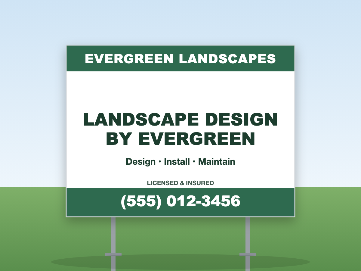 Landscaping yard sign with H-stake in a lawn — Landscape Design By, 24x18 coroplast