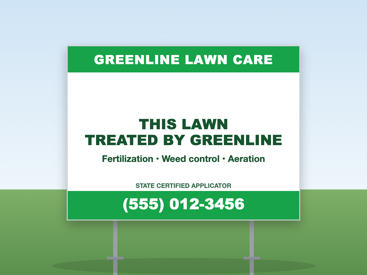 Lawn care yard sign with H-stake in a green lawn — This Lawn Treated By design, 24x18 coroplast