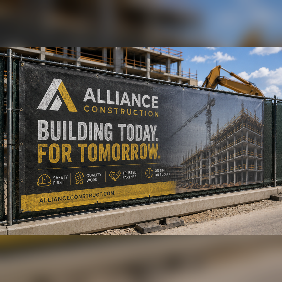 Mesh banner with grommets on a construction site fence