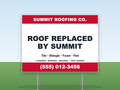 Roofing yard sign with H-stake in a front lawn — Roof Replaced By design, 24x18 coroplast