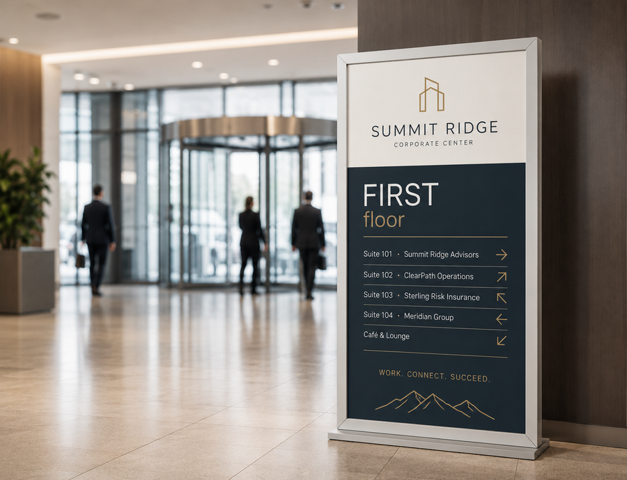 Styrene lobby directory sign in an office building